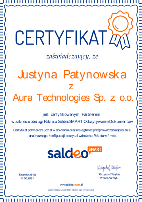Certyfikat - SaldeoSMART Odczyt dokumentów