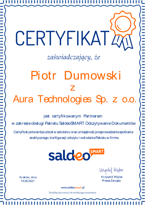 Certyfikat - SaldeoSMART Odczyt dokumentów