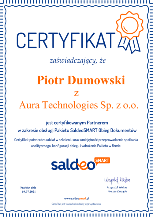 Certyfikat - SaldeoSMART Elektroniczny obieg dokumentów